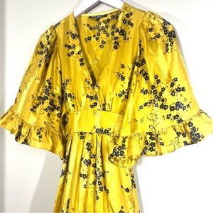 Betsey Johnson Vintage Yellow Silk Floral Flutter Sleeve Dress Size 2
